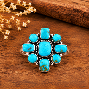 Anillo de Turquesa Kingman con Piedras Cuadradas, Rectangulares y Redondas, Estilo Bohemio, Hecho a Mano, Joyería con Piedras Preciosas, Ajustable - Product Image 1