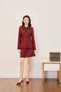 Two-Piece <b>Set</b> Breathable Vietnam ROSE ROUGH Solid Full Women Twill <b>Blazer</b> and Skirt - Feminine Office Style Double Layer Collar - Product Image 4