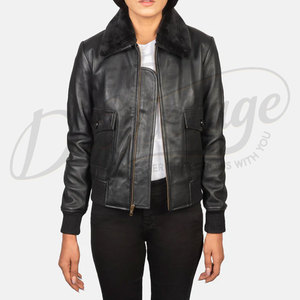 Women Black Real Leather <b>Bomber</b> <b>Jacket</b> With Faux Fur Collar Slim Fit Premium Sheepskin Casual Winter Biker Outerwear Coat - Product Image 5