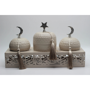 Bols de service ronds islamiques avec couvercle, décor étoile et lune, pompons, design oriental pour la vaisselle du Ramadan, bols à dattes - Product Image 5