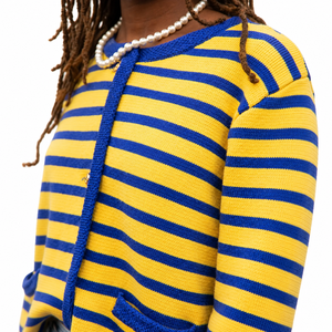 Cárdigan de Punto a Rayas Amarillo y Azul para Mujer, Manga Larga, Cuello Redondo, Botones al Frente, Suéter Informal de Corte Regular para Todas las Temporadas - Product Image 4