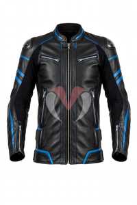 Ensemble veste et pantalon de moto en cuir noir et bleu pour homme, combinaison de moto coupe-vent - Product Image 5