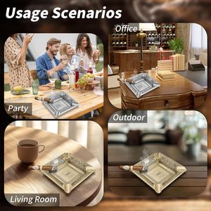 Cendrier de bureau de luxe en laiton gravé avec 4 supports à cigares, finition dorée moderne, design carré pour la maison, le bureau, le bar, la salle de séjour, ou comme cadeau - Product Image 3