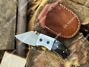 Cuchillo de Camping Plegable Profesional de Acero de Damasco, Hoja Afilada Tipo Drop Point, Miniatura de Bolsillo, Mango de Cuerno de Toro, Funda de Cuero - Product Image 2