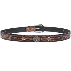 Best Quality Hand Carved Floral Embossed Decorative Conchos Men's Western Leather <b>Tooling</b> <b>Belt</b> with Designer Brass Buckle Set - Product Image 6