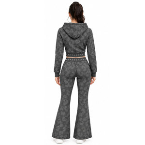 Survêtement gris à capuche pour femme BRANDNAME, fermeture éclair intégrale, motif à pois, style décontracté avec poches latérales, impression par transfert thermique - Product Image 3