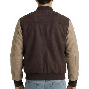 Dark Brown Tan Varsity <b>Jacket</b> Suede Leather Body Polyester <b>Velvet</b> Blend Sleeves Striped Rib Trim Snap Front Letterman Coat - Product Image 3
