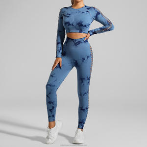 Ensemble de vêtements de sport pour femmes, haut court à manches longues tie-dye, leggings taille haute, ajusté, en polyester, design sans couture, longueur intégrale - Product Image 5
