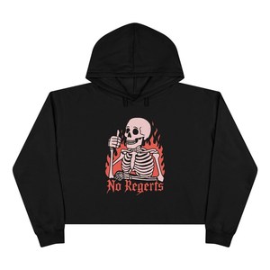 Women's Black Cropped Hoodie <b>Skull</b> Print Long Sleeve Casual Sweatshirt Front Logo Autumn Wear - Product Image 1