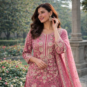 Ensemble Palazzo en Soie Crêpe Naturelle Brodé de Qualité Supérieure, Tenue Élégante pour Mariage et Cérémonies, Ensemble Kurti avec Dupatta - Product Image 1
