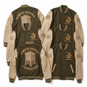 Veste universitaire en gros bleu marine avec corps en laine et manches en cuir crème, style cyclonique à dégradé de pression, avec baromètre et montre intégrés, modèle Letterman - Product Image 3