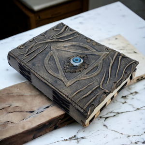 Three Eye Stone Embossed Leather Journal with <b>Lock</b>, Charcoal Grey Evil Eye Triangle Grimoire, Antique Gothic Spell Book - Product Image 3