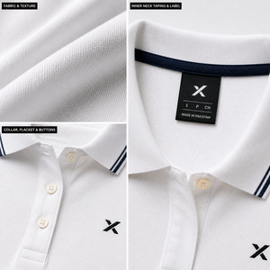 Polo blanc personnalisé pour femme X Sports City, manches courtes, coupe ajustée, tissu piqué respirant avec logo, vêtements décontractés pour le printemps et l'été - Product Image 4