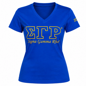Camiseta de Manga Corta con Cuello en V Azul Rey Sigma Gamma Rho, Estampado de Letras Griegas Doradas, Ropa de la Hermandad 1922, Top Clásico Informal - Product Image 3