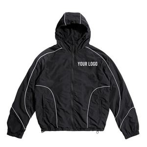Veste coupe-vent à capuche pour homme, noire unie, fermeture éclair, style sportif, vêtement d'automne, polyester - Product Image 5