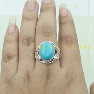 Anillo de Turquesa Natural Ovalada con Diseño de Hoja, Plata de Ley 925, Hecho a Mano, Estilo Boho Vintage, Joyería de Moda, Regalo Unisex para Hombre - Product Image 4