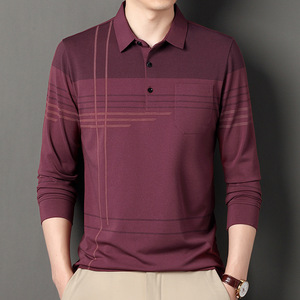 Men's Long Sleeve Knitted <b>Polo</b> <b>Shirt</b> Geometric Pattern <b>Pocket</b> Casual Style Maroon Color Regular Fit 2027 - Product Image 1