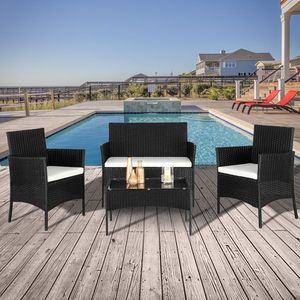 2pcs Black Rattan Arm Chairs with 1pc Love Seat and Tempered Glass Coffee Table Set Garden Furniture - Product Image 6