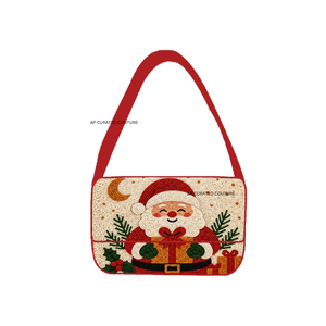 Bolso de Hombro Bordado Navideño de Moda, Diseño Geométrico con Patrón de Trineo Rojo, Bolso de Mano Hecho a Mano, Estilo Festivo de Invierno - Product Image 3
