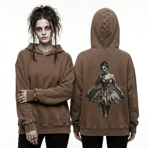 Sudadera con capucha marrón personalizada con lavado ácido para mujer, estampado gráfico de Zombie Ballerina, forro polar desgastado, estilo urbano, fabricante, boutique - Product Image 1