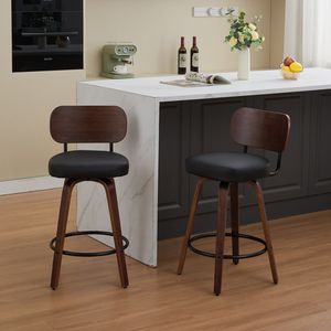 Set di 2 Sgabelli da Bar Girevoli da 66 cm, Schienale in Noce, Gambe in Legno Curvato, Stile Mid-Century, Rivestiti in Ecopelle, Altezza Bancone - Product Image 1