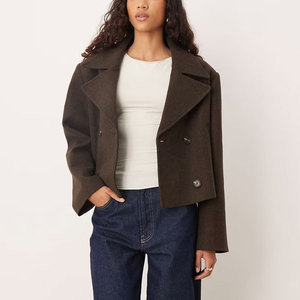 Abrigo Corto de Lana para Mujer, Doble Botonadura, Color Sólido, Cuello con Muescas, Manga Larga, Ropa Exterior Informal, Abrigos Cortos de Lana - Product Image 3