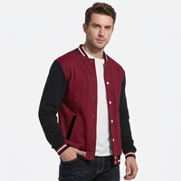 Jaket Varsity Baseball Pria Warna Blok Maroon Hitam Kancing Tekan Kerah Tegak Lengan Panjang Bahan Kanvas Bernapas untuk Musim Dingin