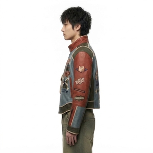 เสื้อแจ็คเก็ตหนังสีน้ำเงินอมเทาสำหรับผู้ชาย สไตล์มอเตอร์ไซค์ ลายกราฟิกแบบเรโทร วินเทจ คัลเลอร์บล็อก สตรีทแวร์ - Product Image 4