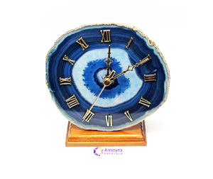Natural <b>Agate</b> Blue Gemstone <b>Coaster</b> Clock Crystal Slices Golden Border Plated Waterproof Home Decor Gujarat AMAYRA CRYSTALS - Product Image 1