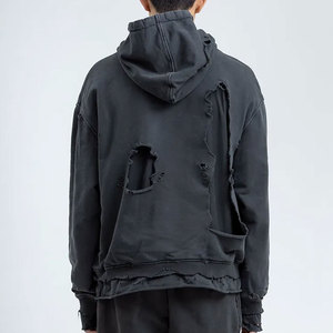 เสื้อฮู้ดดี้โอเวอร์ไซส์ผ้าฝ้ายเฟรนช์เทอร์รี่สีพื้นแบบดิสเทรสสำหรับผู้ชาย ดีไซน์ตัดเย็บแบบวอชเอาท์ แขนเสื้อปกติ สไตล์ฤดูใบไม้ร่วง - Product Image 2