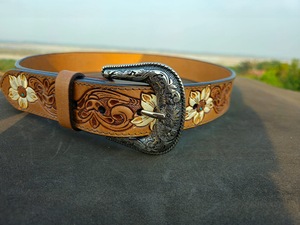 LEATHERCART Classic Diamond Geometric <b>Tooled</b> Genuine Leather Eco-Friendly Vintage Belt Alloy Pin Buckle Premium Cowboy Finish - Product Image 2