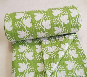 Green White Floral Quilted Cotton <b>Bedding</b> Set Handmade All Season Home Decor Classic Style - Product Image 4