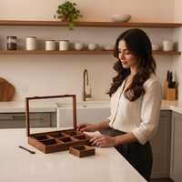 Caja de Madera para Hierbas y Especias, Caja para Chile en Polvo y Masala con Seis Compartimentos, Utensilios de Cocina, Caja para Especias con Tapa de Vidrio, Caja para Almacenar Hierbas