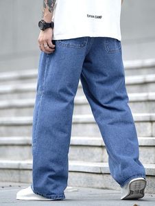 Pantalones de mezclilla azules para hombre, corte holgado, cintura media, estilo casual de otoño, lavados, con botones, de algodón, de pierna ancha, color liso, largo completo - Product Image 2