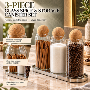 Glass Storage <b>Canister</b> <b>Set</b> with Natural Cork Stopper Lids and Silver Tone Tray | Contemporary Kitchen Spice and Pantry Organizer - Product Image 5