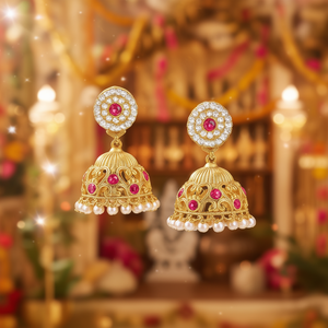 Matha Laxmi Gold Plated Brass Drop Earrings with Zircon and Pearl-Religious Ethnic Geometric Jhumkas for Party - Product Image 3
