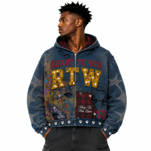 Chaqueta Vaquera con Capucha y Cremallera para Hombre, Estilo Streetwear con Parches de Pedrería, LISTA PARA CONQUISTAR - Product Image 6
