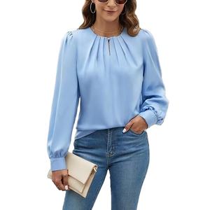 Blusa de gasa de doble capa de estilo coreano para mujer, cuello redondo, manga larga, elegante, informal, camisas de trabajo de negocios, Tops teñidos lisos - Product Image 4