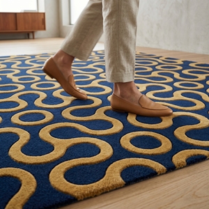 Handmade Abstract Geometric Cut Pile Non-Slip Medium Pile Modern Tufted Wool/Cotton Area Rug Navy Blue Mustard Gold - Product Image 5