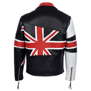 Chaqueta de cuero genuino de vaca 100% personalizada con bandera del Reino Unido para hombre, chaqueta de cuero para motocicleta con bandera británica BRANDO, cremallera cruzada YKK - Product Image 4