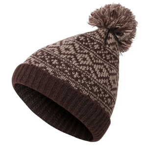 Unisex Knitted Beanie Hat With Pom Pom Geometric Pattern Black Gray <b>Winter</b> <b>Cap</b> Casual Style For Adults 56-58CM Head - Product Image 2