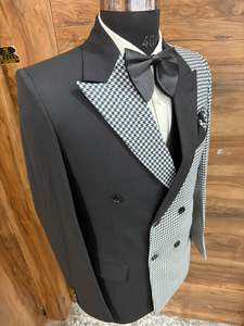 Costume de smoking croisé noir et blanc à motif pied-de-poule pour homme – Blazer de créateur pour mariage, marié ou bal de promo avec nœud papillon - Product Image 2