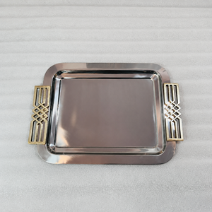 Juego de bandejas rectangulares de metal plateado con asas geométricas doradas, utensilios de cocina, artesanía, centro de mesa decorativo moderno, regalo - Product Image 4