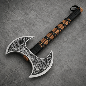 Hacha Vikinga de Doble Hoja, Tomahawk Táctico de Supervivencia, Mango de Madera, Cabeza Tallada con Revestimiento de Cuero - Product Image 3