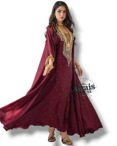 Awais House Women's Maroon Polyester Floor Length <b>Kaftan</b> Beaded Embroidery Sweetheart Neck <b>Long</b> Sleeve Modest Stretchable - Product Image 1