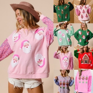 Winter <b>Christmas</b> Wholesale New <b>Ladies</b> Casual <b>Sweatshirt</b> Letter Bow Decorated Sleeve Anti-Wrinkle 100% Polyester 3D - Product Image 2