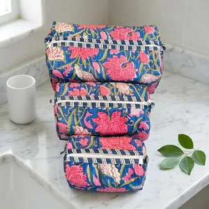 Set de Bolsas de Cosméticos de Algodón Estilo Bohemio, Azul Floral, Acolchado, Bolsa de Aseo Multifuncional con Cierre, Bolsas de Aseo Medianas - Product Image 2