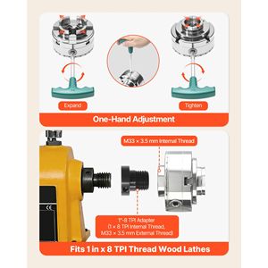 Set di mandrini per tornio da legno pneumatici da 4 pollici, autocentranti a 4 griffe, con adattatore filettato da 1 pollice x 8 TPI, 5 pezzi, ganasce rotonde/piatte - Product Image 6