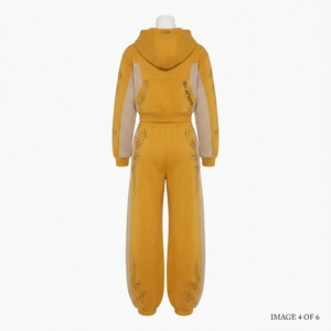 Custom <b>Women</b> Cropped Zip Up Hoodie and Wide Leg <b>Sweatpants</b> Two Piece Contrast Color Rhinestone Tracksuit Set - Product Image 3