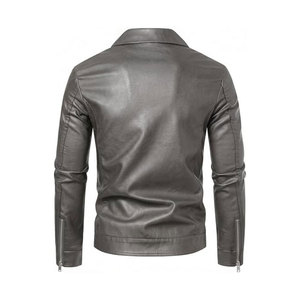 Chaqueta de Motociclista de Cuero PU Gris para Hombre, Cuello Camisero, Cierre de Cremallera, Corte Ajustado, Largo Regular, Color Sólido, para Otoño - Product Image 2